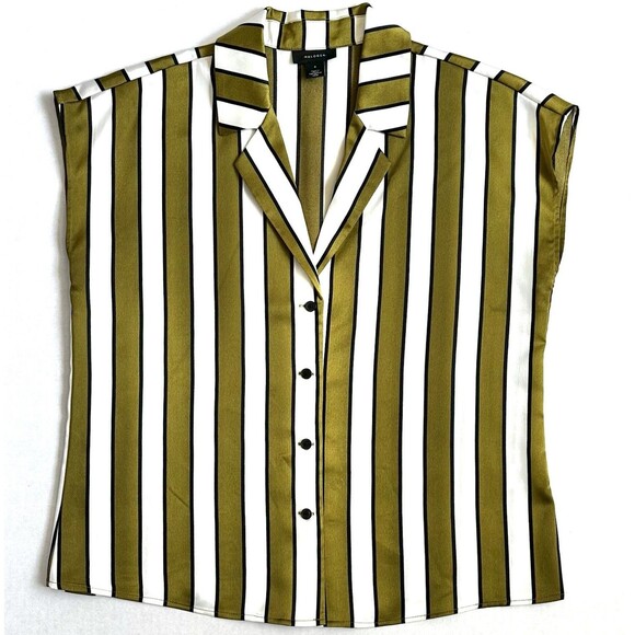 Halogen Striped Silky Blouse Women’s Size Small Green Button Up Shirt V-neck - Picture 2 of 9